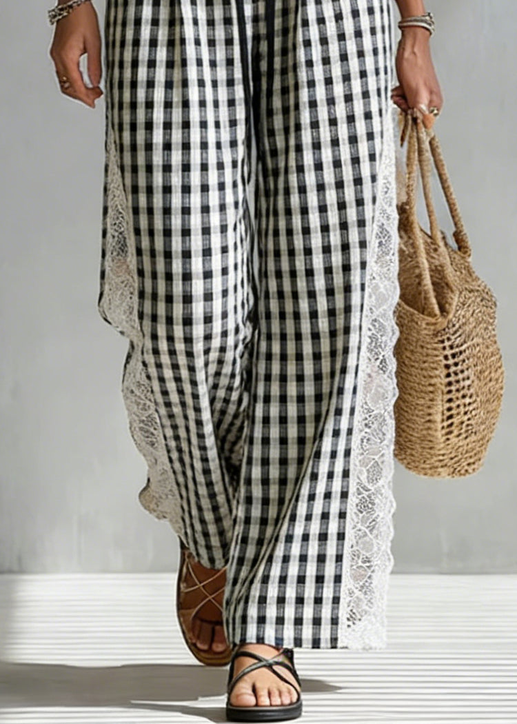 French Black Plaid Elastic Waist Lace Patchwork Cotton Pants Summer - Omychic
