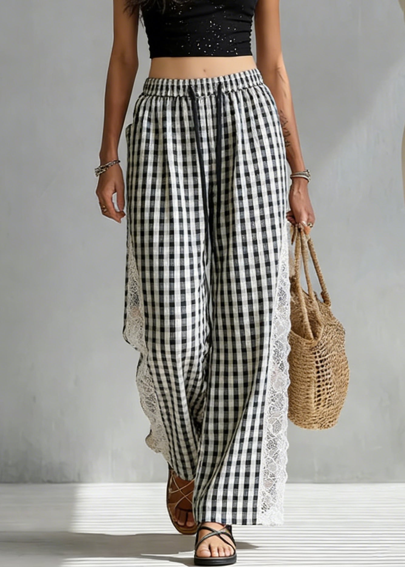 French Black Plaid Elastic Waist Lace Patchwork Cotton Pants Summer - Omychic