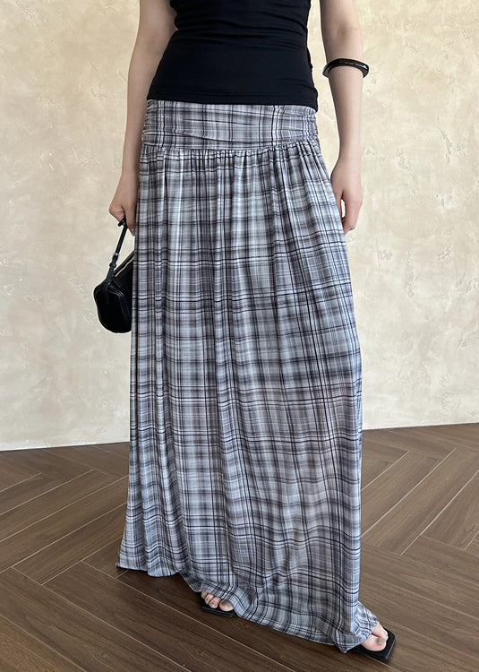 French Black Plaid Wrinkled Tulle Maxi Skirts Summer