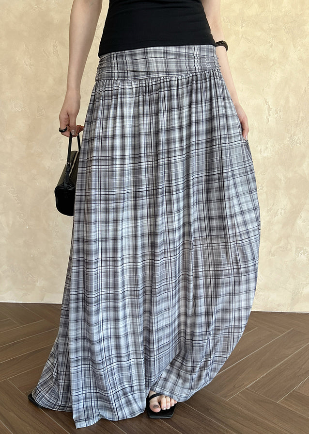 French Black Plaid Wrinkled Tulle Maxi Skirts Summer