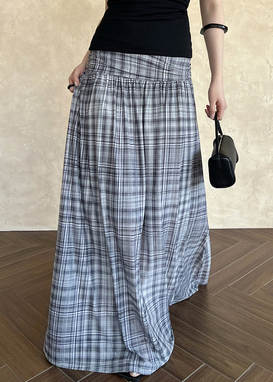 French Black Plaid Wrinkled Tulle Maxi Skirts Summer