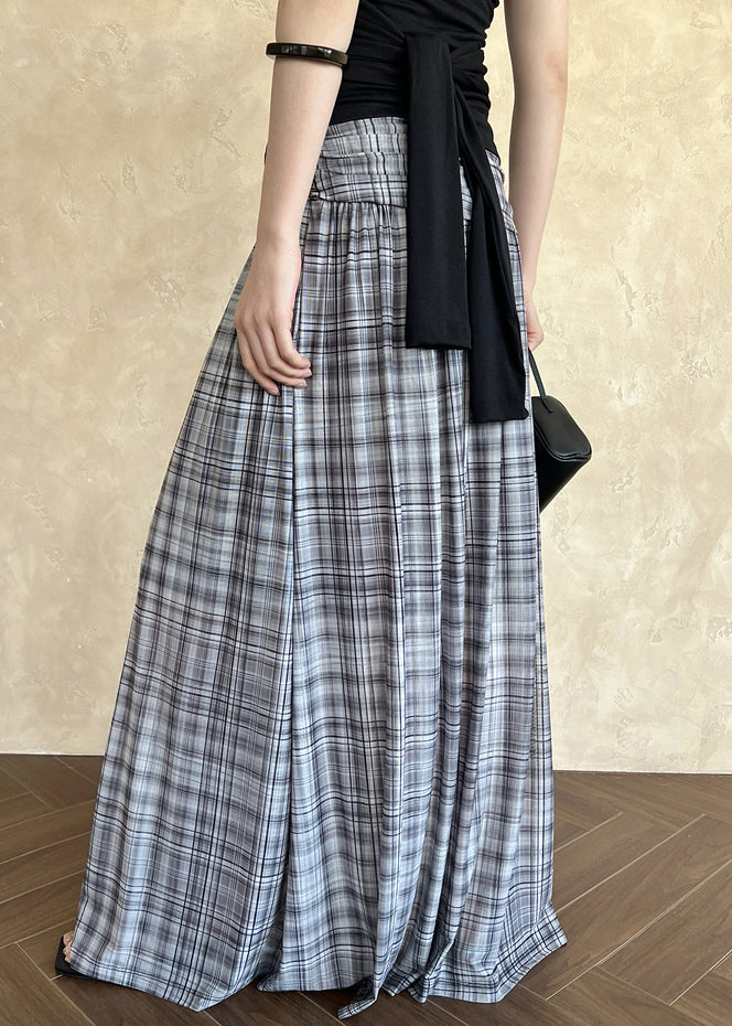 French Black Plaid Wrinkled Tulle Maxi Skirts Summer