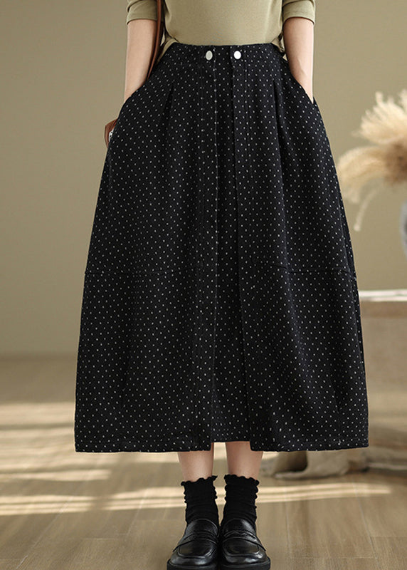 French Black Pockets Elastic Waist Dot A Line Skirts Summer