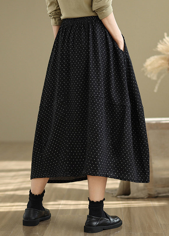 French Black Pockets Elastic Waist Dot A Line Skirts Summer