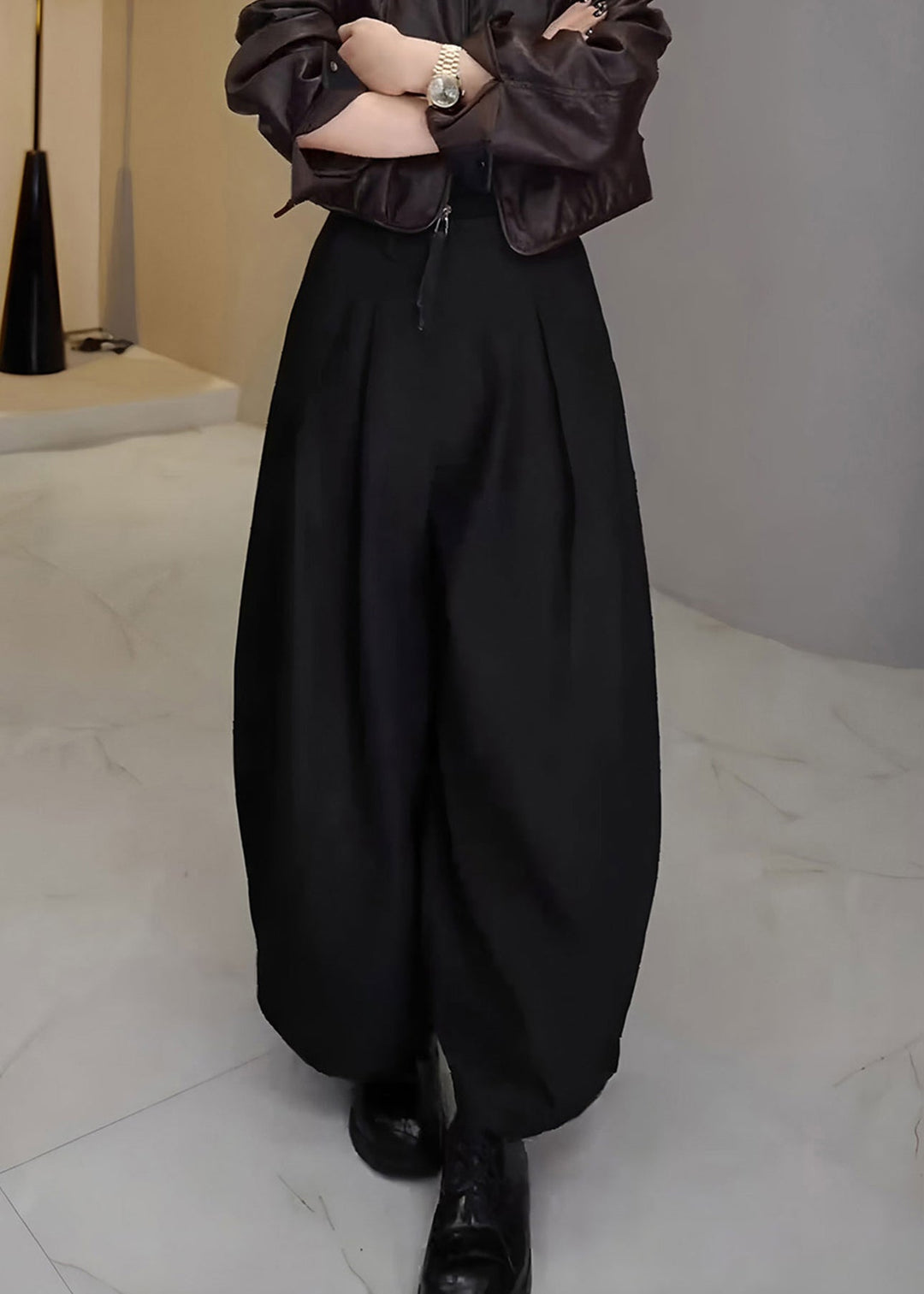 French Black Pockets High Waist Solid Cotton Wide Leg Pants Fall