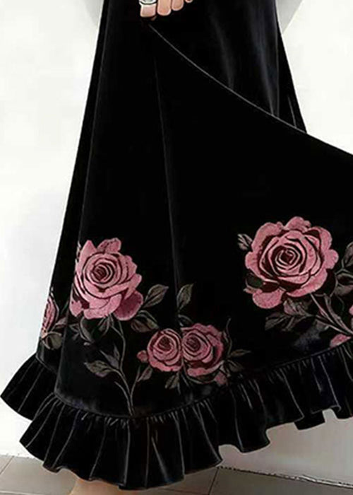 French Black Print High Waist Silk Velvet Skirts Winter