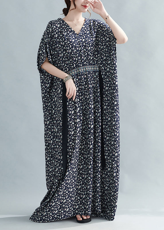 French Black Print Tie Waist Cotton Long Dress Batwing Sleeve