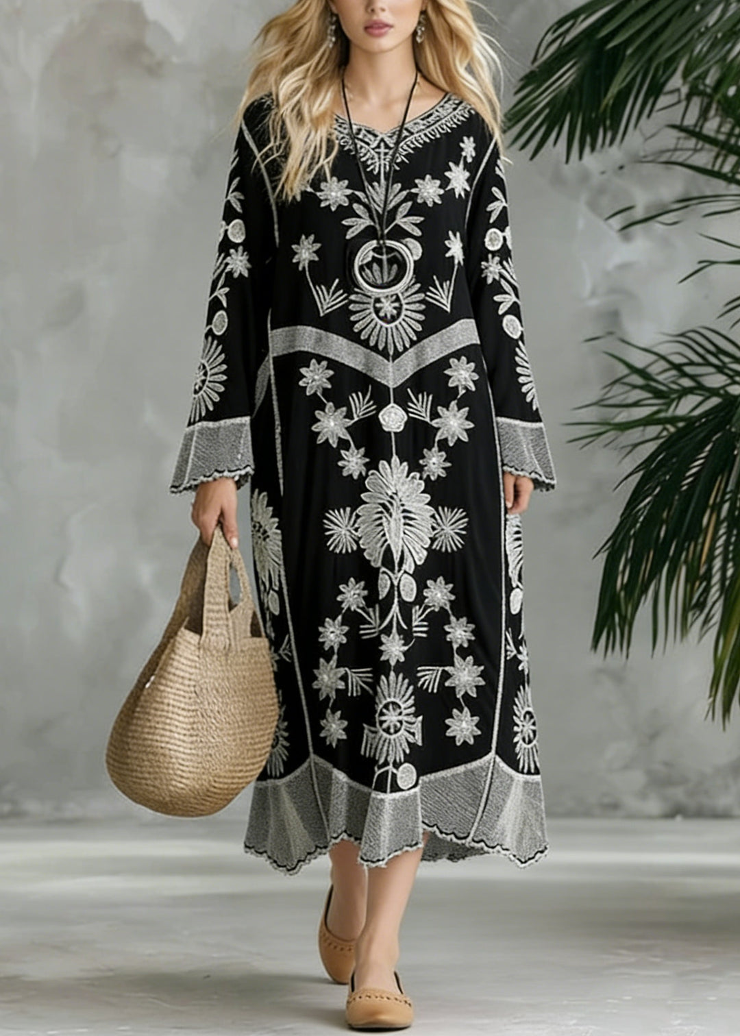 French Black Print V neck Baggy Chiffon Robes Spring Dresses