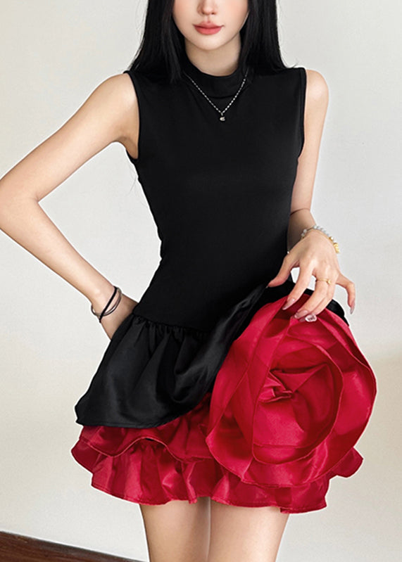 French Black Rose Floral Mid Dresses Sleeveless