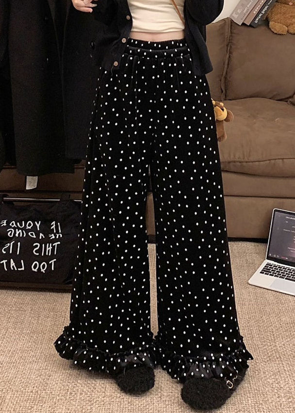 French Black Ruffled Dots Silk Velour Wide Leg Trousers Winter