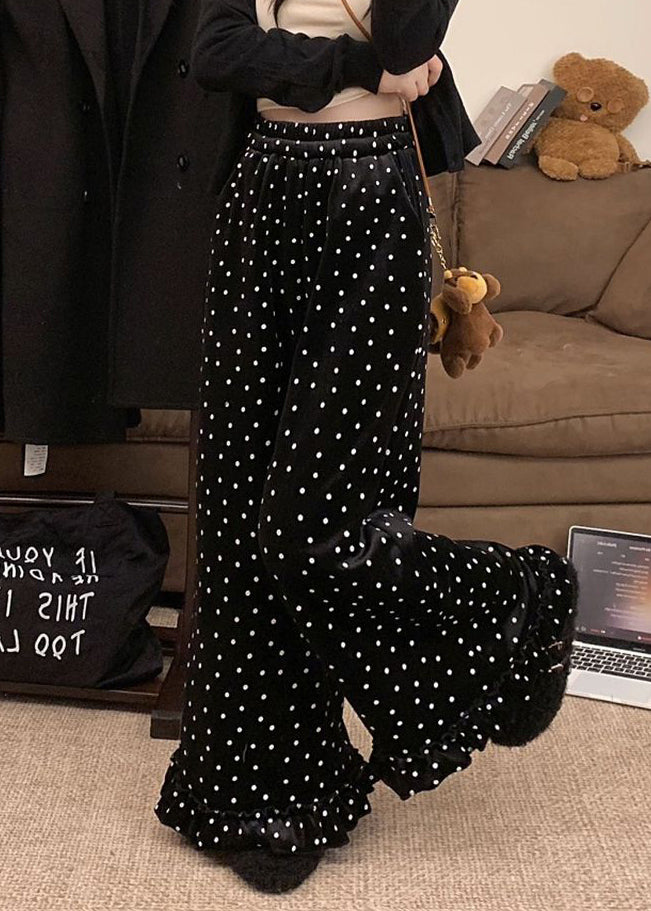 French Black Ruffled Dots Silk Velour Wide Leg Trousers Winter