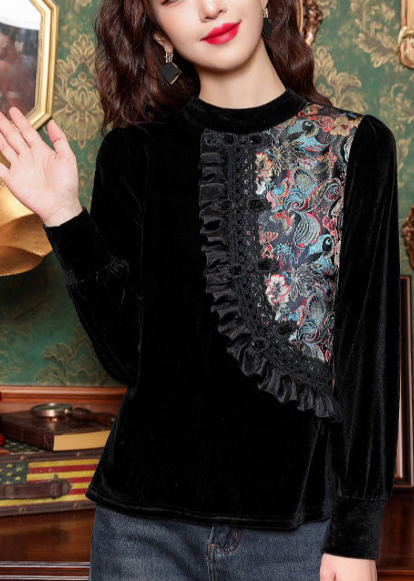 French Black Ruffled Patchwork Print Silk Velour Top Long Sleeve