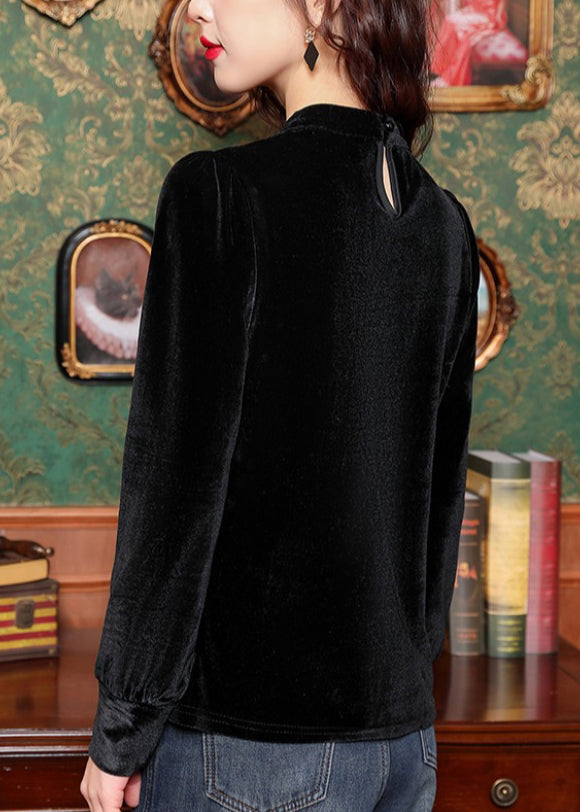 French Black Ruffled Patchwork Print Silk Velour Top Long Sleeve