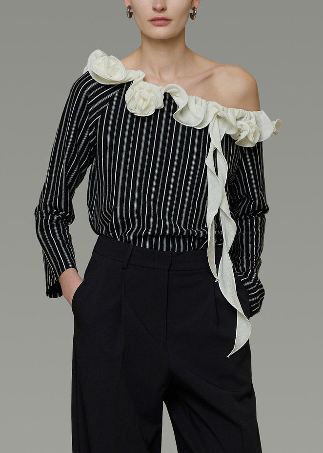 French Black Ruffled Striped Cold Shoulder Shirt Top Summer