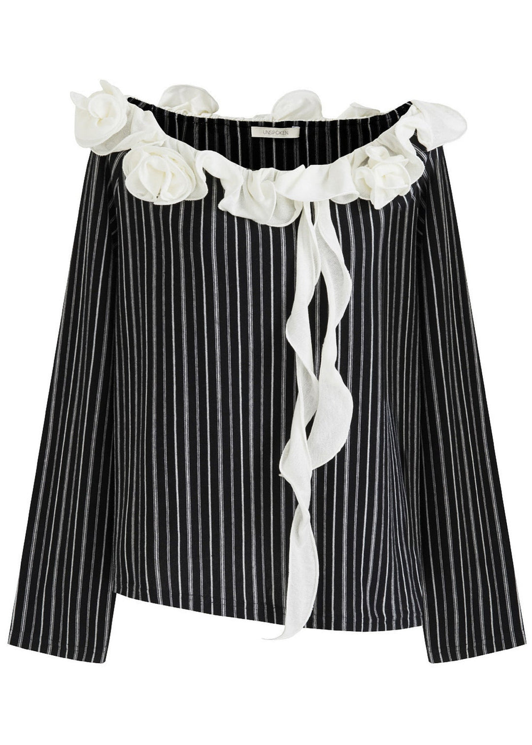 French Black Ruffled Striped Cold Shoulder Shirt Top Summer