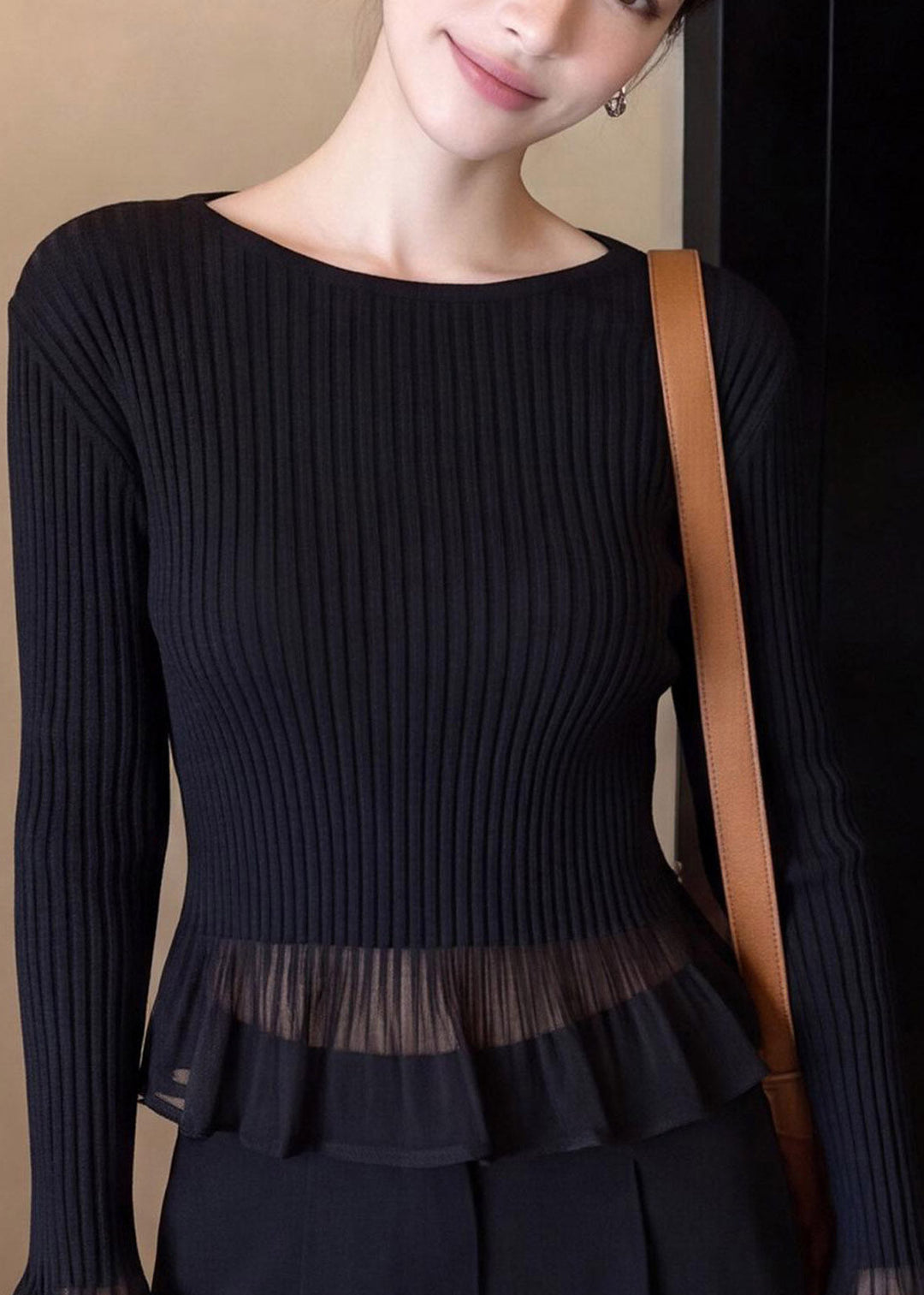 French Black Ruffled Tulle Patchwork Knit Sweater Fall