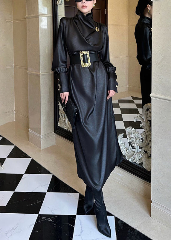 French Black Sashes Side Open Silk Long Dresses Fall