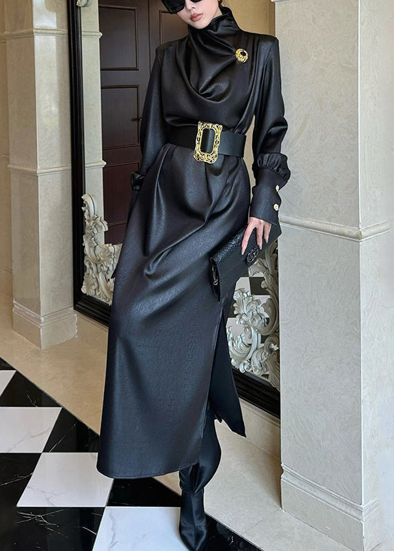 French Black Sashes Side Open Silk Long Dresses Fall