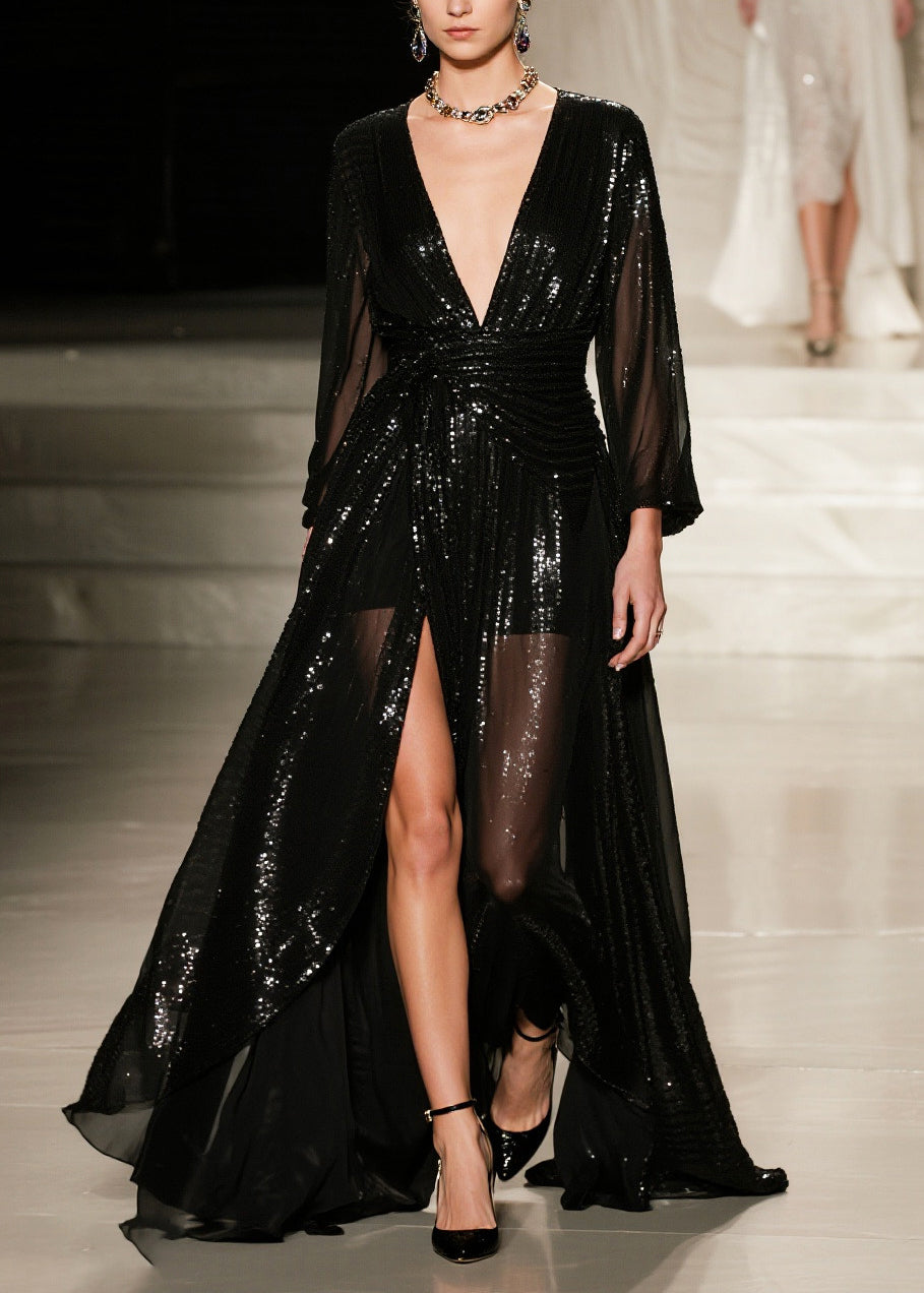 French Black Sequins Exra Large Hem Side Open Tulle Party Dresses Summer