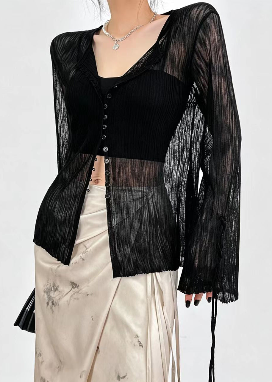 French Black Sheer Ice Silk Cardigan Flare Sleeve