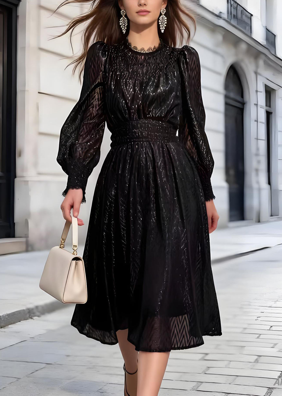 French Black Shiny Thread Lace Patchwork Chiffon Two Pieces Set Fall