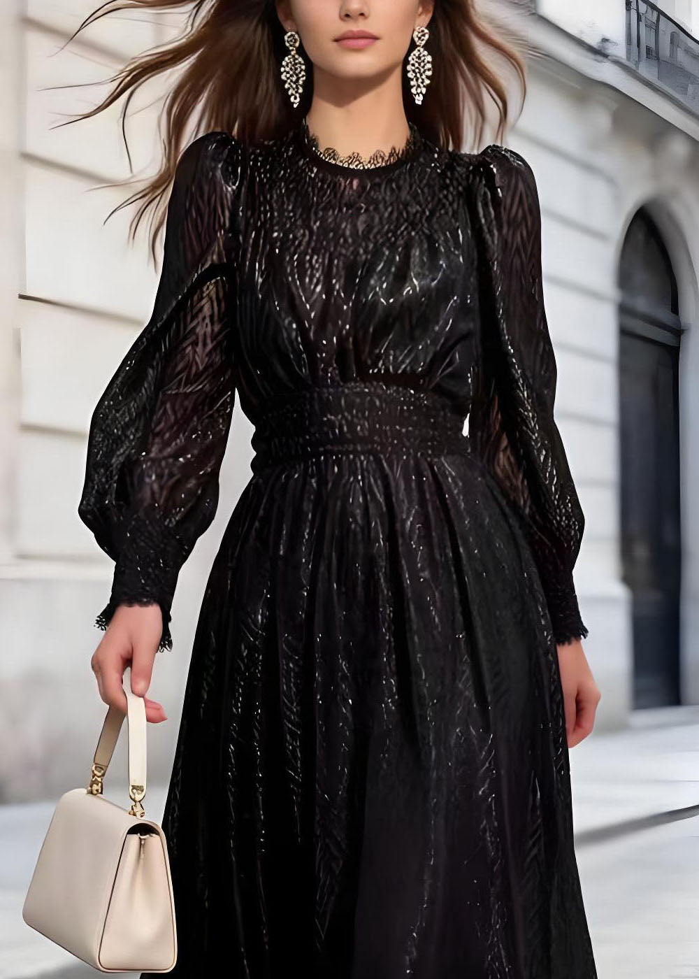 French Black Shiny Thread Lace Patchwork Chiffon Two Pieces Set Fall