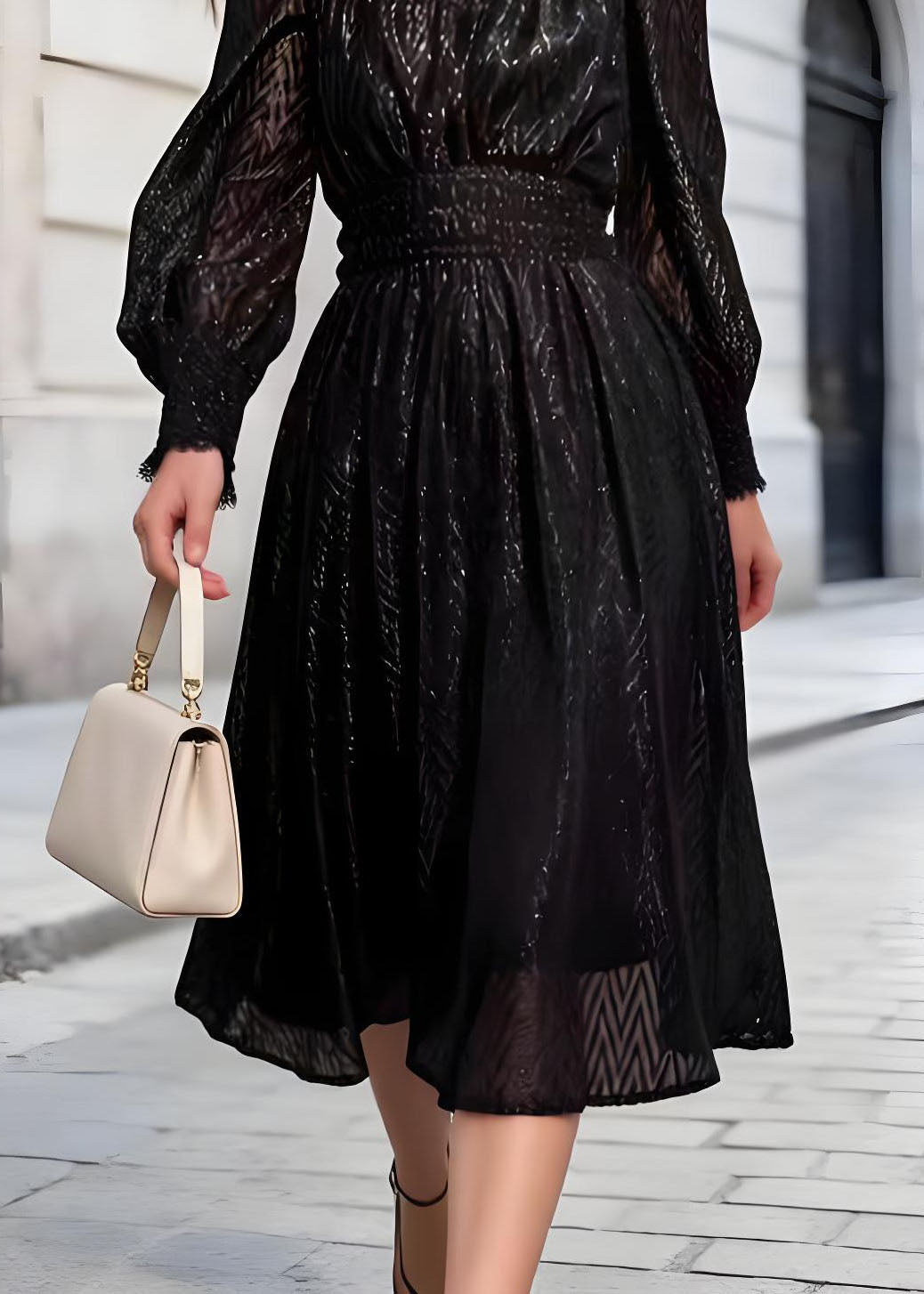 French Black Shiny Thread Lace Patchwork Chiffon Two Pieces Set Fall