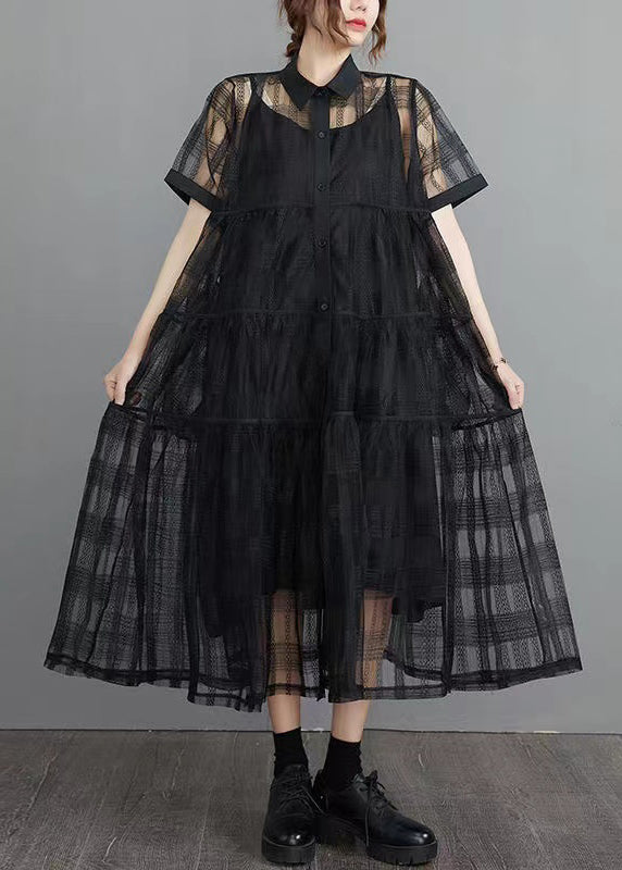 French Black Solid Button Tulle Two Piece Set Short Sleeve