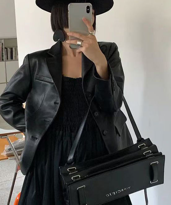 French Black Solid Durable Calf Leather Versatile Satchel Handbag