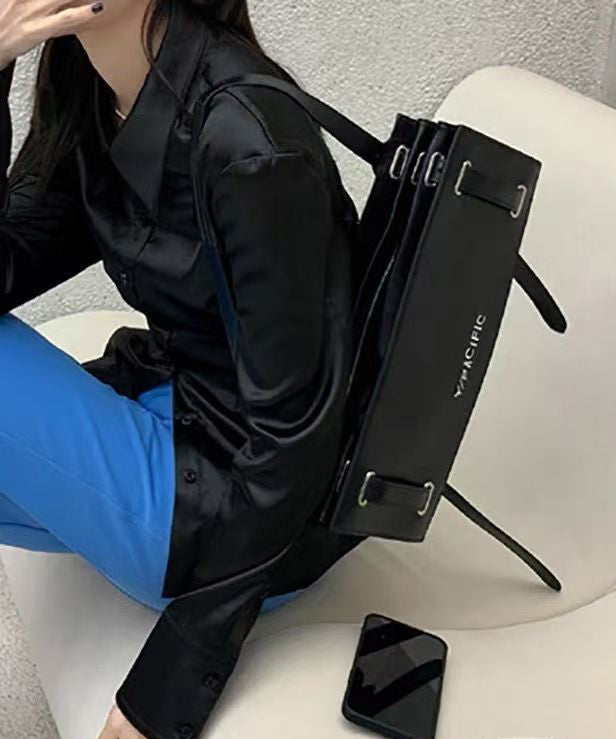 French Black Solid Durable Calf Leather Versatile Satchel Handbag