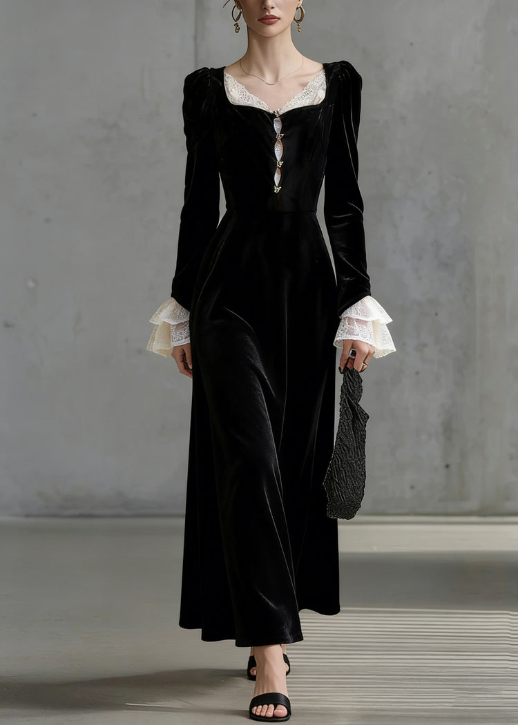 French Black Square Collar Lace Patchwork Silk Velvet Long Dress Flare Sleeve - Omychic
