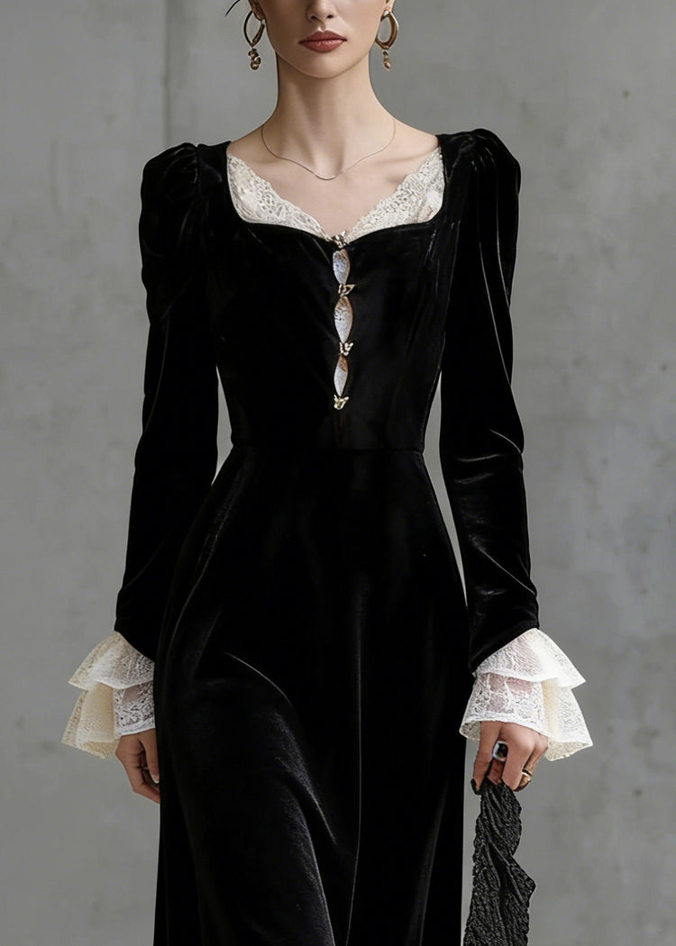 French Black Square Collar Lace Patchwork Silk Velvet Long Dress Flare Sleeve - Omychic