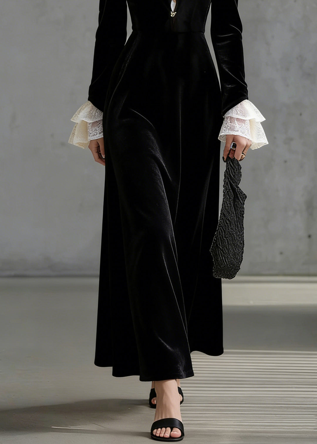 French Black Square Collar Lace Patchwork Silk Velvet Long Dress Flare Sleeve - Omychic