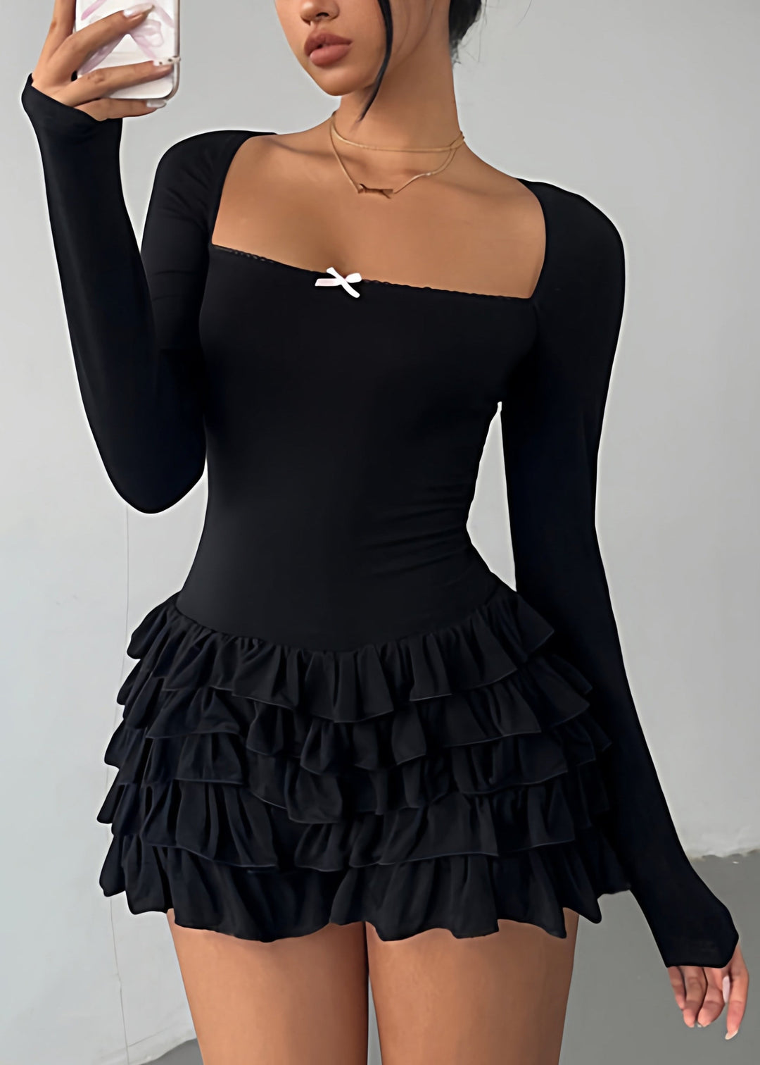 French Black Square Collar Patchwork Mid Dresses Long Sleeve