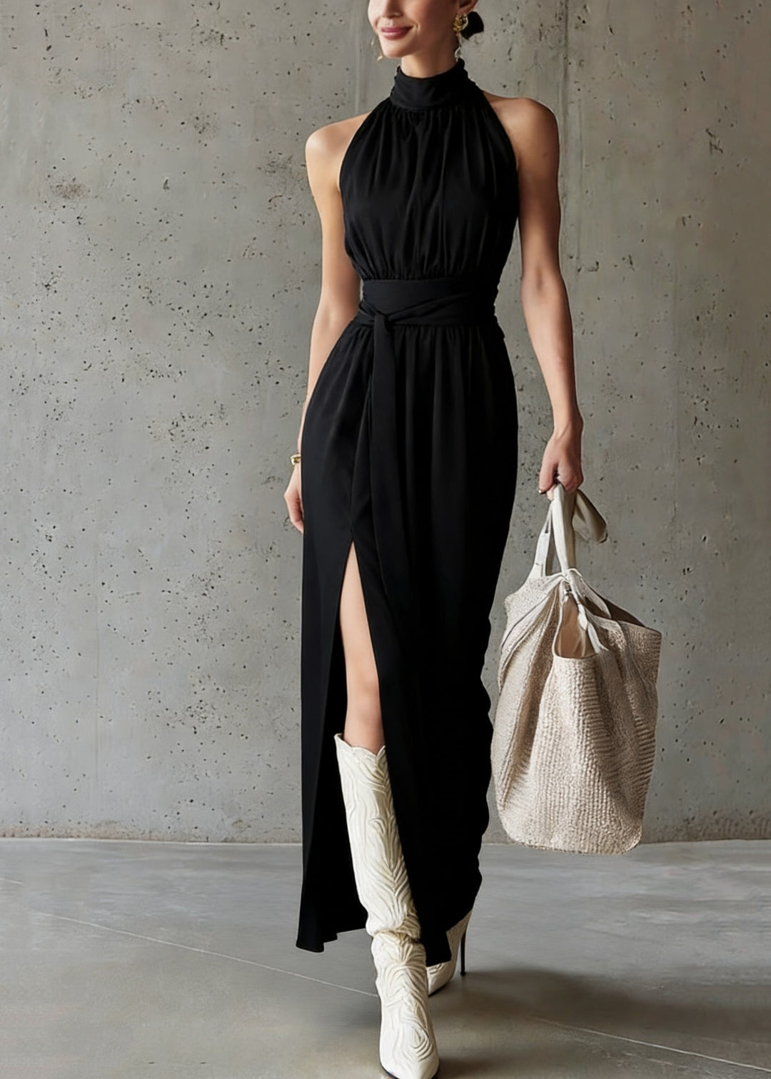 French Black Stand Collar Tunic Solid Maxi Dress Summer