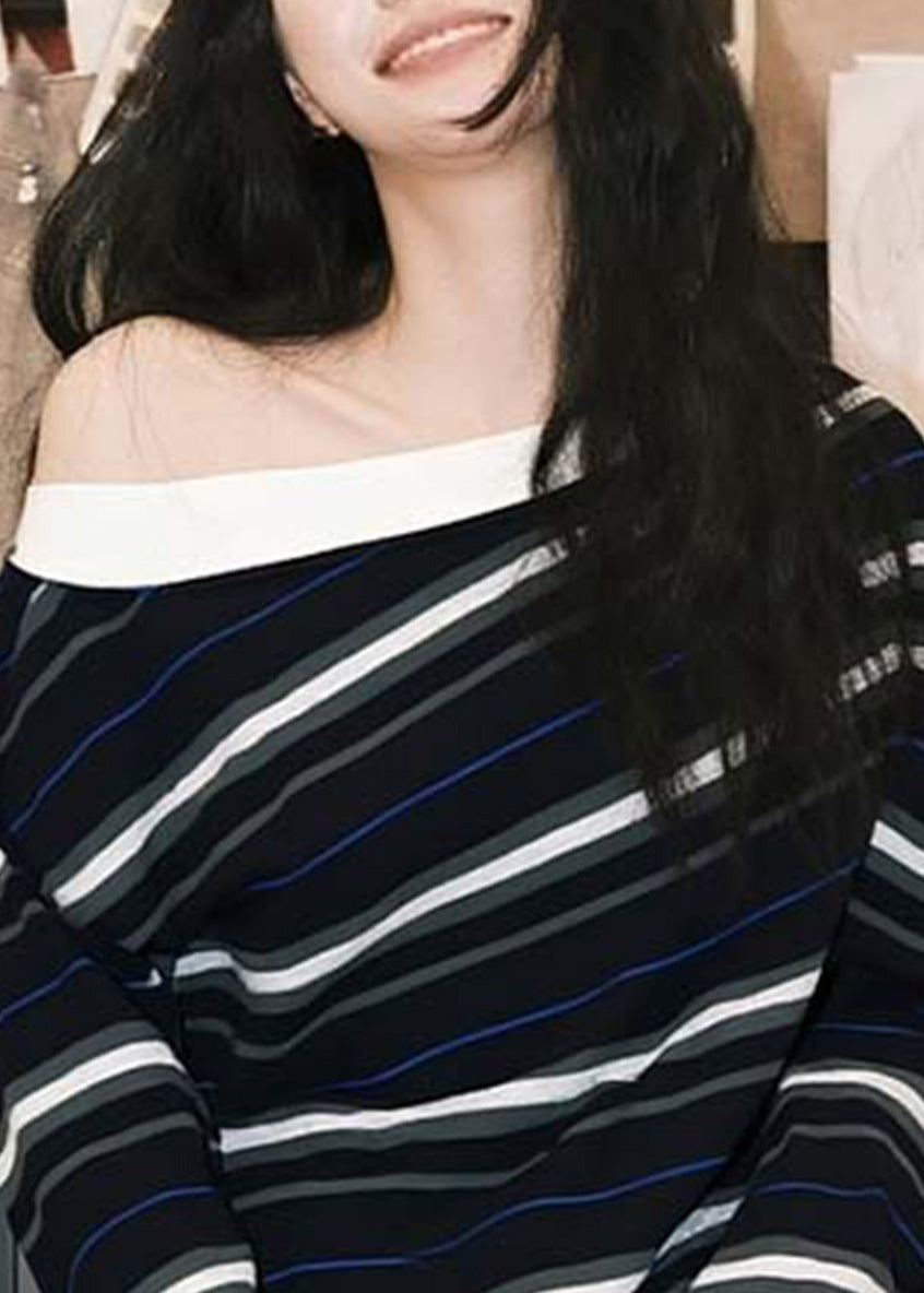 French Black Striped Cold Shoulder Cotton T Shirts Fall