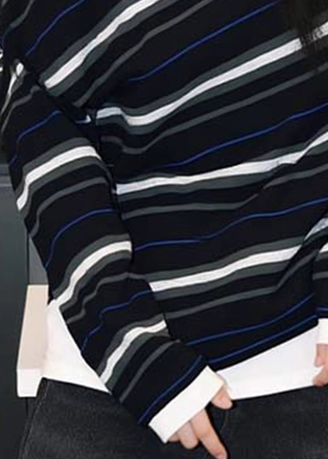 French Black Striped Cold Shoulder Cotton T Shirts Fall