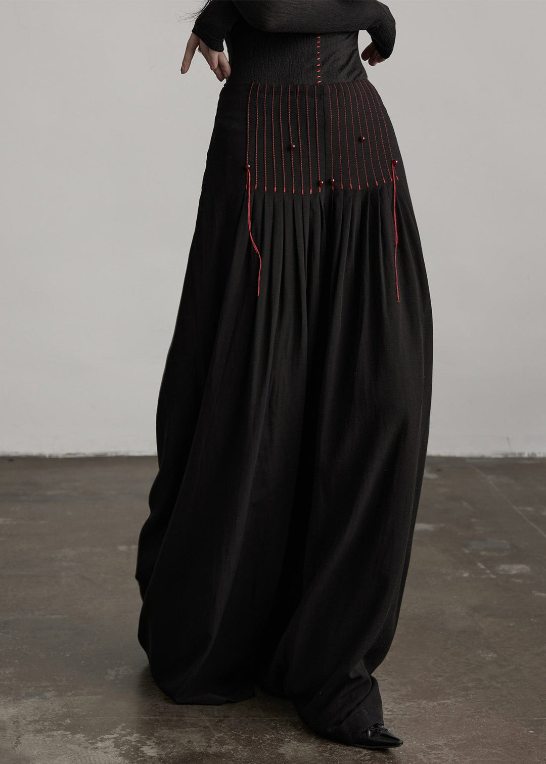 French Black Tasseled Draping Cotton Wide Leg Pants Spring