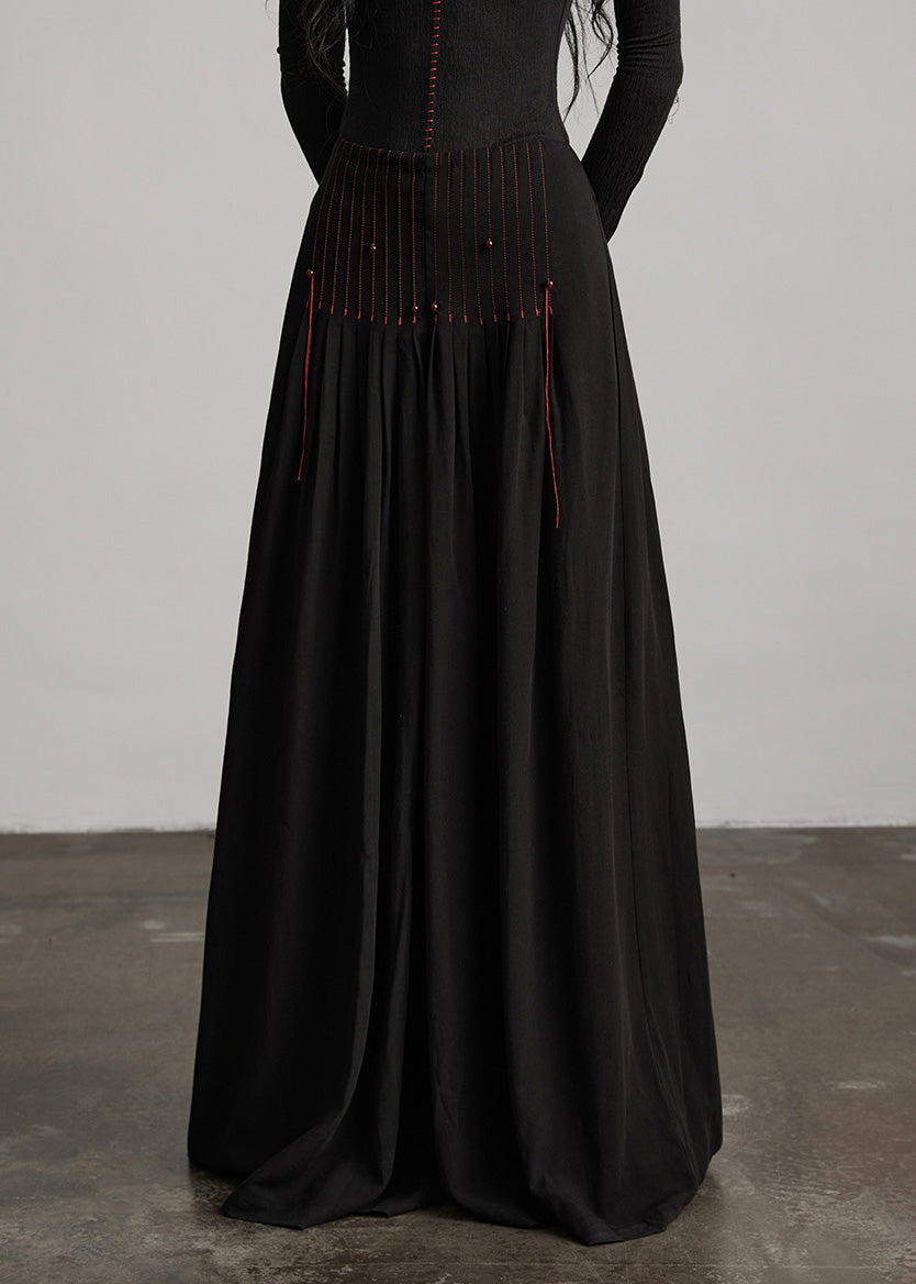 French Black Tasseled Draping Cotton Wide Leg Pants Spring