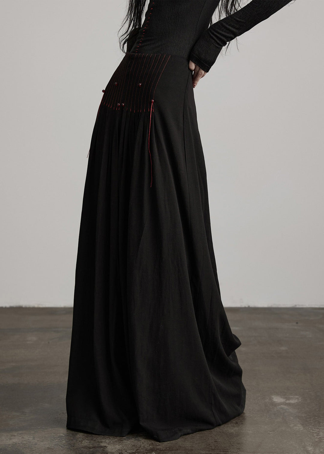 French Black Tasseled Draping Cotton Wide Leg Pants Spring