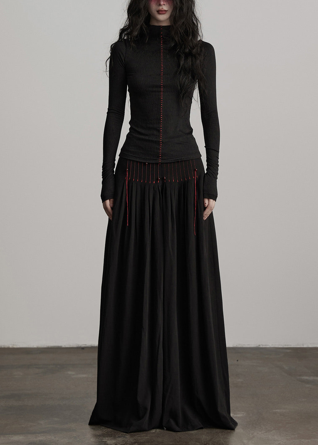 French Black Tasseled Draping Cotton Wide Leg Pants Spring