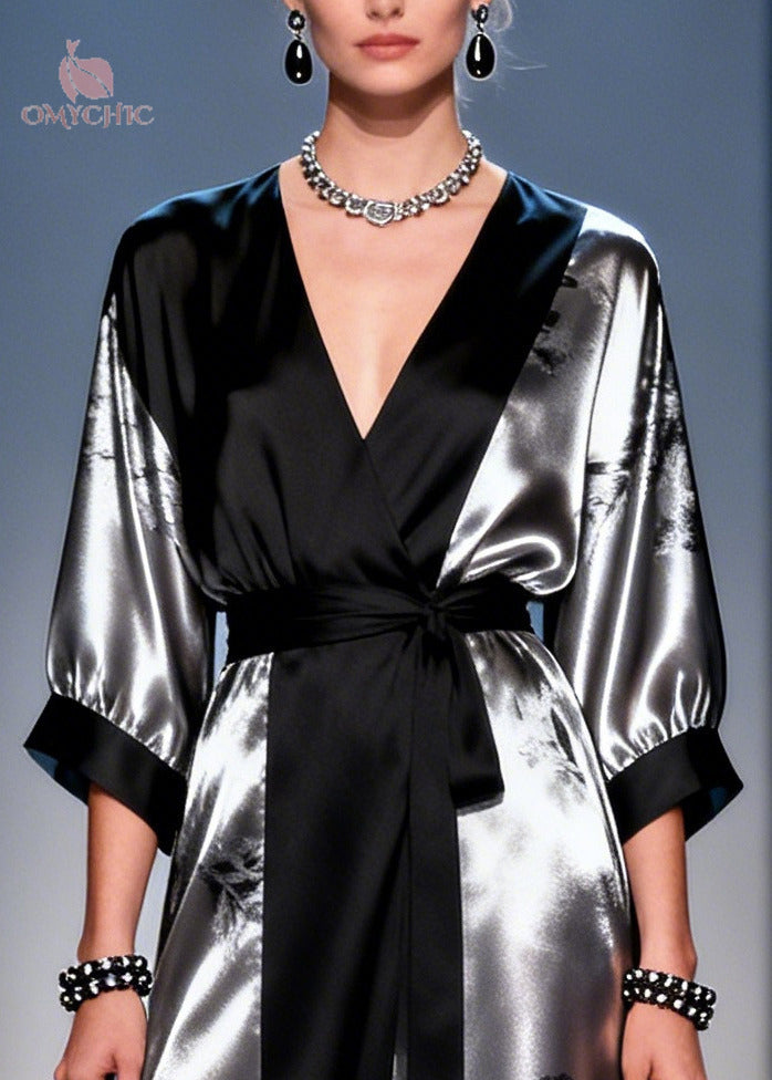 French Black Tie Waist Patchwork Chiffon Long Dress Summer