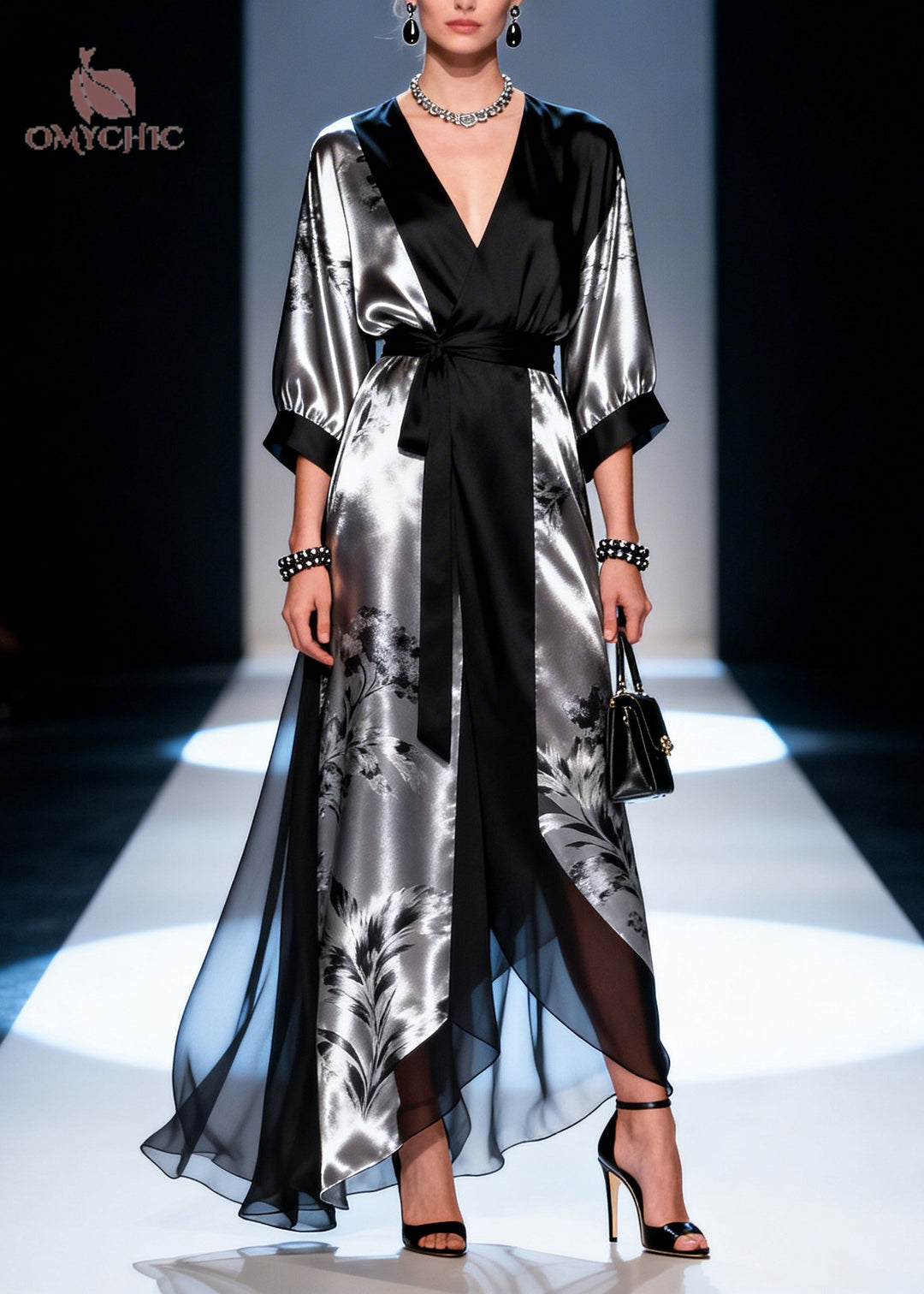 French Black Tie Waist Patchwork Chiffon Long Dress Summer