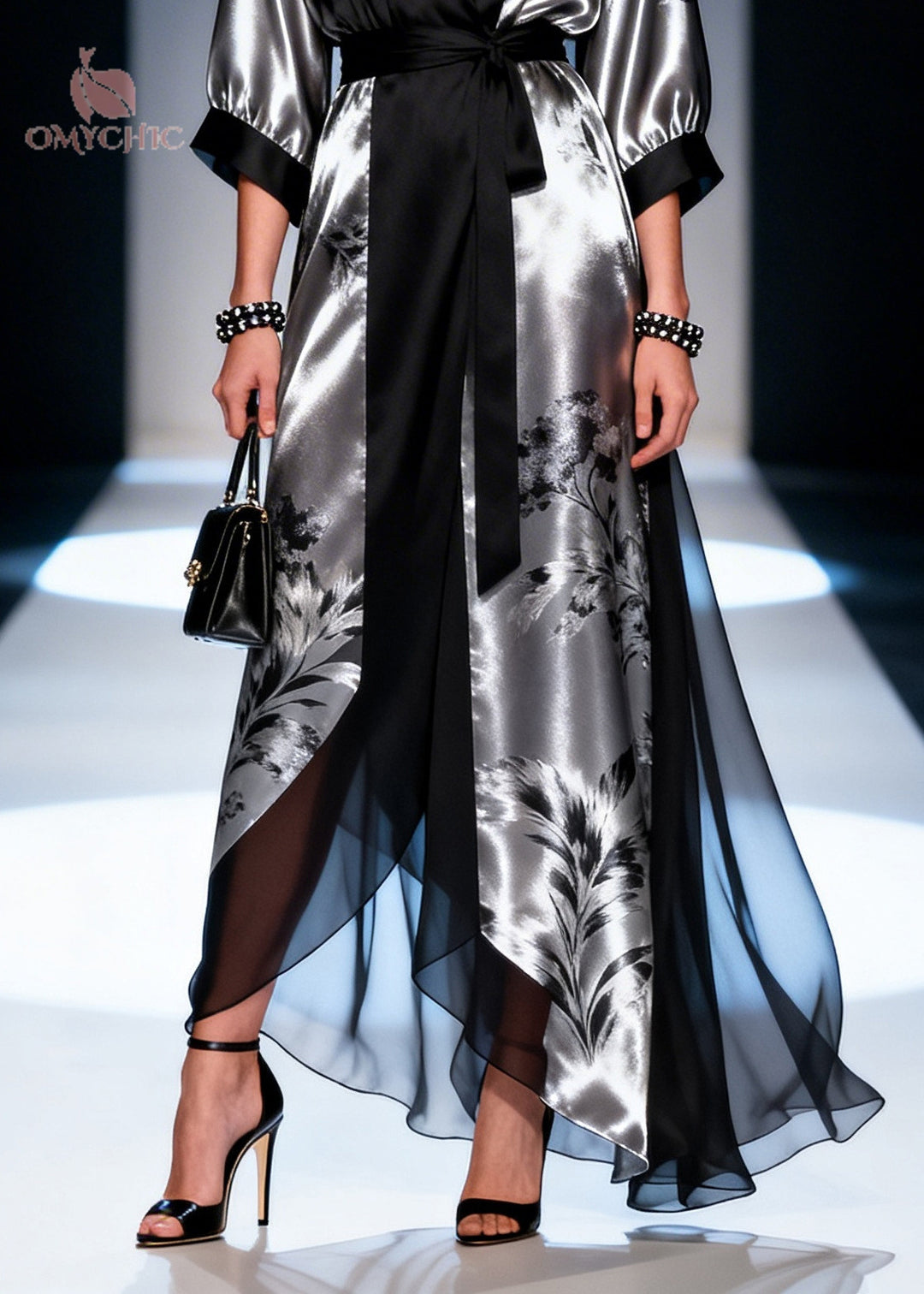 French Black Tie Waist Patchwork Chiffon Long Dress Summer