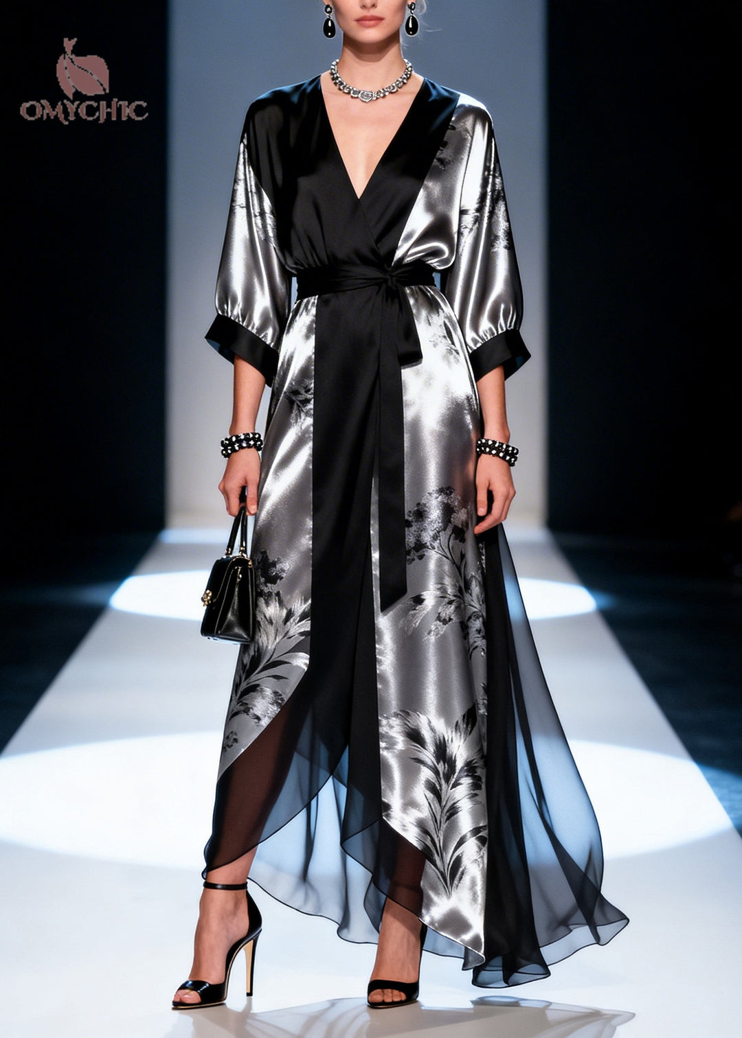 French Black Tie Waist Patchwork Chiffon Long Dress Summer