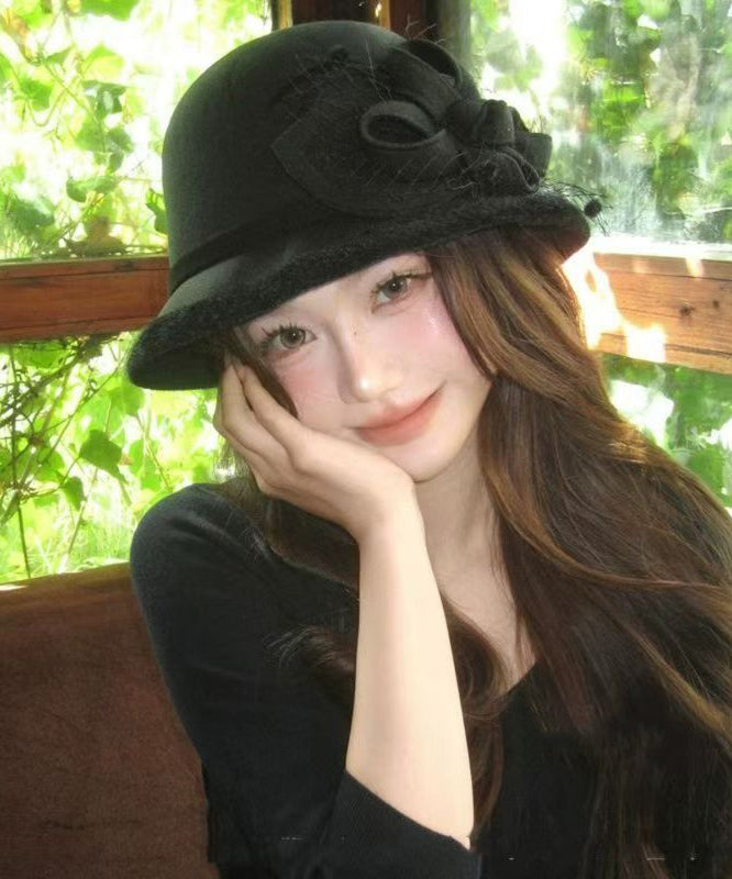 French Black Tulle Floral Woolen Warm Bucket Hat