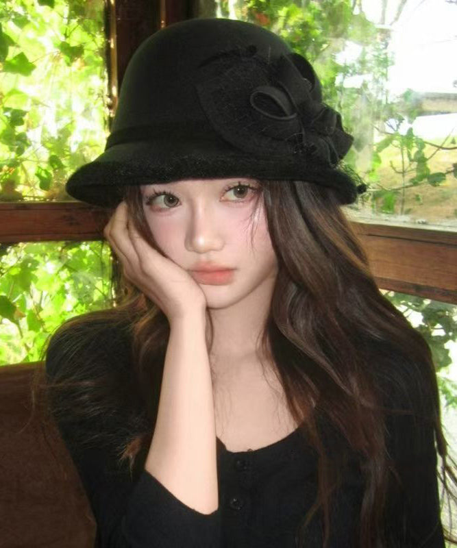 French Black Tulle Floral Woolen Warm Bucket Hat