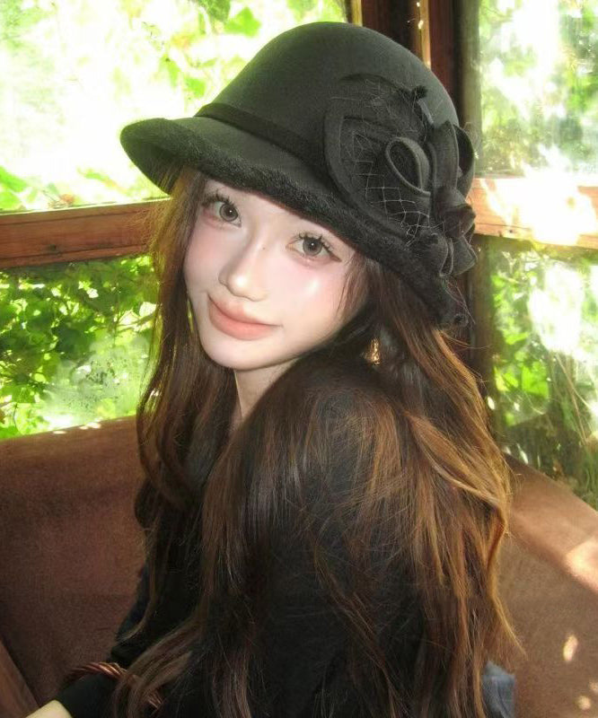 French Black Tulle Floral Woolen Warm Bucket Hat