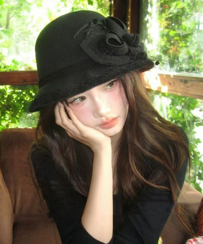 French Black Tulle Floral Woolen Warm Bucket Hat
