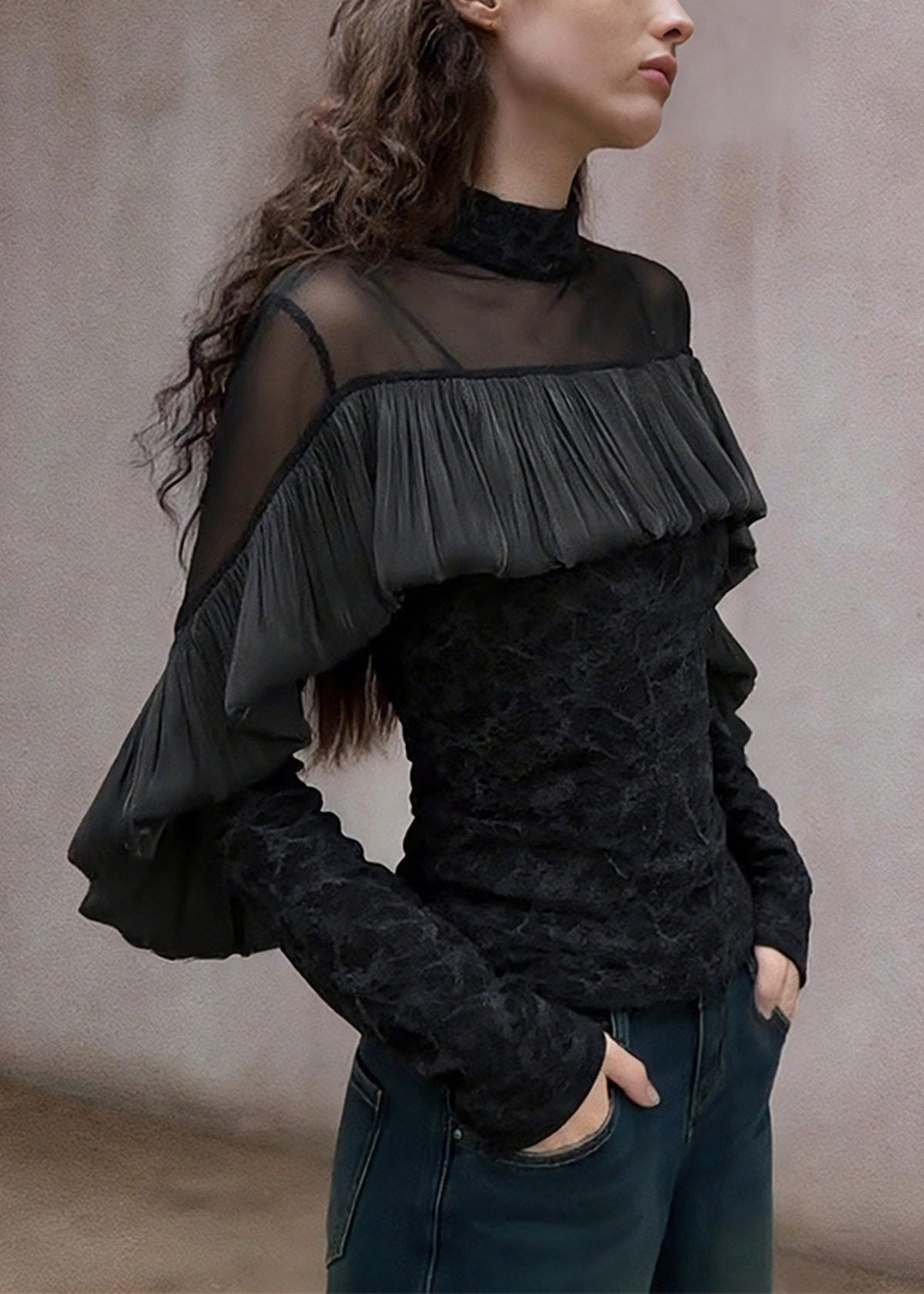 French Black Turtleneck Ruffled Tulle Patchwork T Shirt Spring